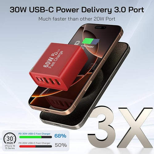 2Pack USB C Fast Charger Block, Total 60W 5-Port USB C Wall Charger 30W Type C Charging Block, 2USB C+3USB A PD 3.0 Multiport Charging Cube for iPhone 17 16 15 14 Pro Max, G-alaxy S25 S24 Ultra, i Pad