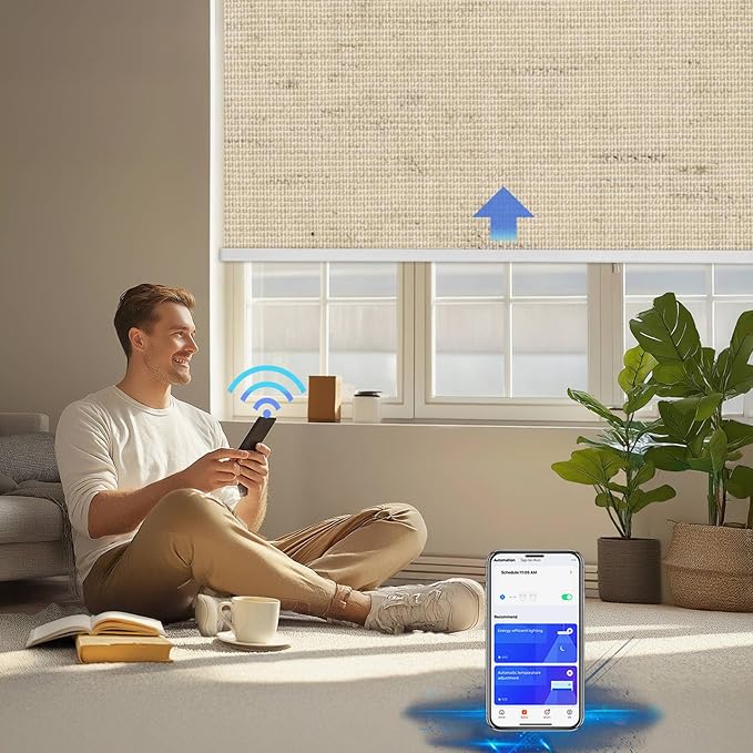 COOLWINDS Motorized Blinds with Remote Cordless Automatic Motorized Shades Custom Blinds for Windows Smart Curtains Compatible with Alexa Google Home(Blackout Linen Soft Dunes,W54 x H72in)