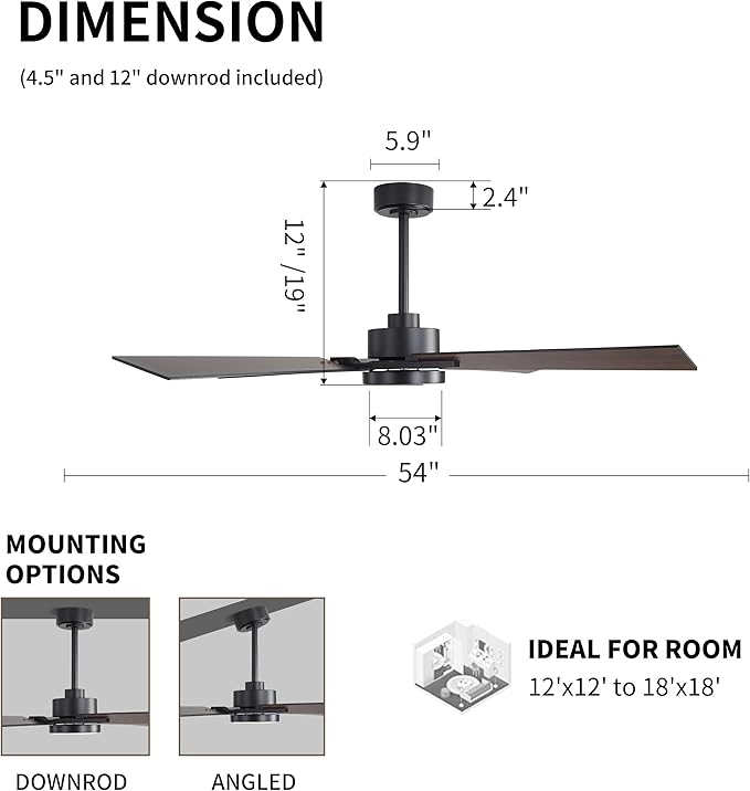 WINGBO 54 Inch Ceiling Fan with Light and Remote, 4 Plywood Blades, 6-Speed Reversible DC Motor, Dimmable, 3CCT, Farmhouse Ceiling Fan for Bedroom Living Room Kitchen, Black and Walnut/Shadowed Walnut