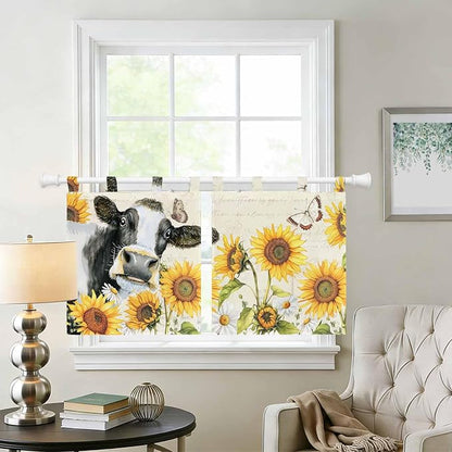 Yellow Sunflowers Kitchen Curtains 36 Inch Length, Small Window Curtains Tab Top - Image 2