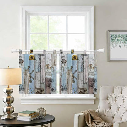 Blue Grey Wooden Kitchen Curtains 24 Inch Length, Small Window Curtains Tab Top - Image 2