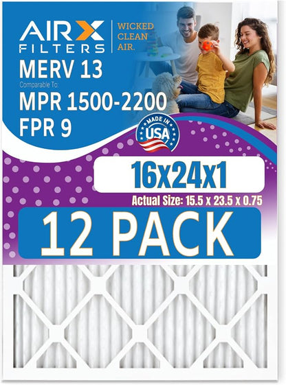 16x24x1 Air Filter MERV 13 Rating, 12 Pack of Furnace Filters Comparable to MPR by AIRXFILTERSWICKEDCLEANAIR