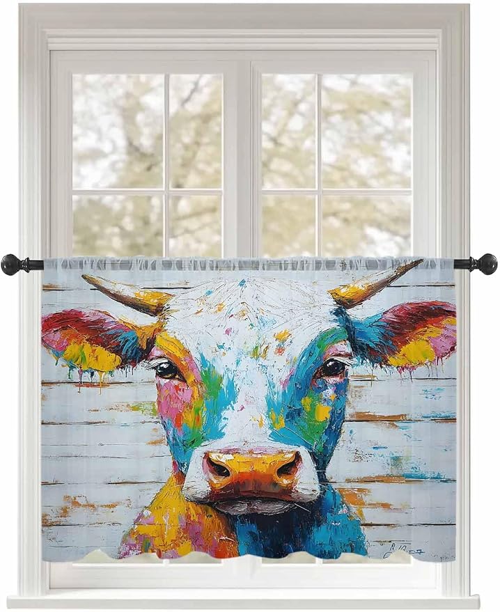 Sheer Curtains 54 Inch Length, Funny Colorful Cow Semi Sheer Curtains Light by Unknown