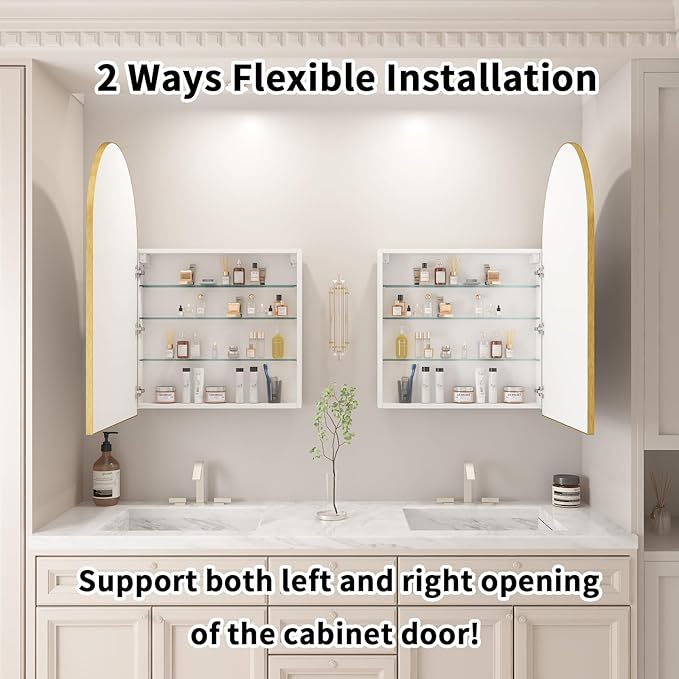 Gold Medicine Cabinet Mirror,Left or Right Opening,Arched Medicine Cabinet Mirror Wall Mounted,Bathroom Mirror with Storage, Adjustable Shelves, Not Recessed, 16x32 inch