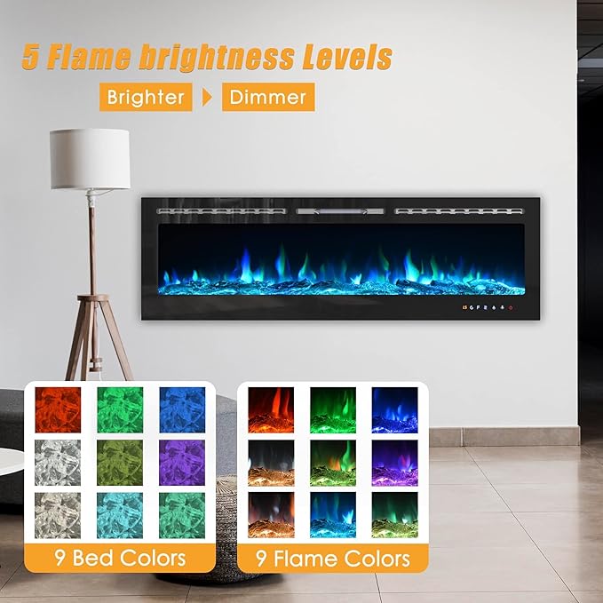 CharaVector 70 inch 750W/1500W Electric Fireplace Inserts with Remote Control in Wall Mounted, Energy Saving LED Insert Fireplace Heater Indoor Glass View with Remote Control & Touch Screen, Black