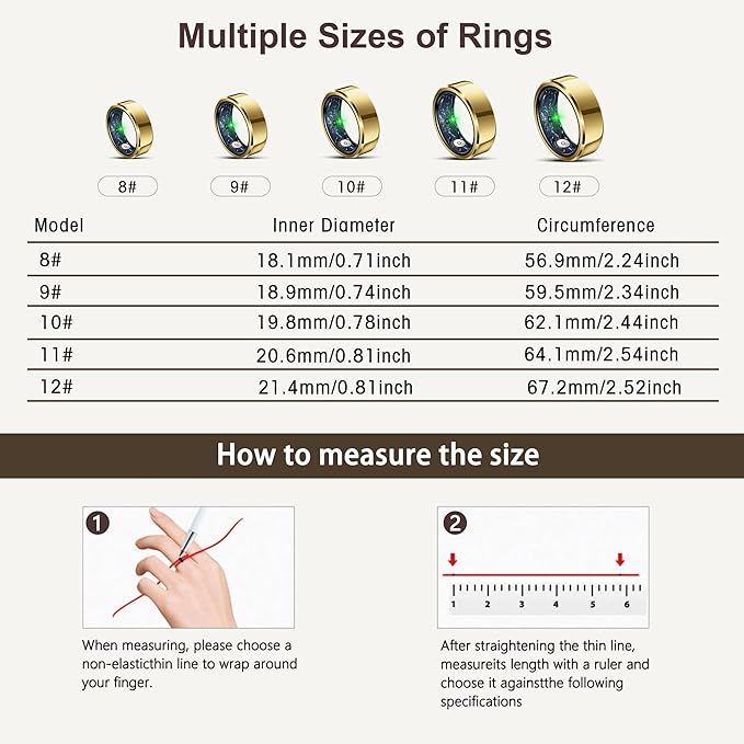 RIFESI Smart Ring for Women Men, Fashion Minimalist Fitness Ring & Sleep Tracker Ring with Heart Rate, SPO₂,Blood Pressure,5ATM Waterproof Health Ring, No Subscription,Gifts for Women (Size 11,Gold)