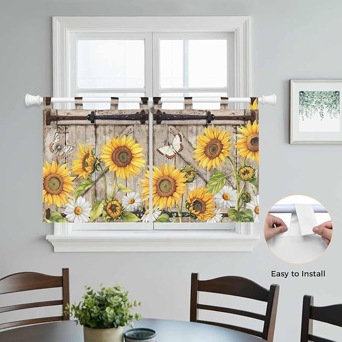 Farmhouse Sunflowers Kitchen Curtains 36 Inch Length, Small Window Curtains Tab - Image 4