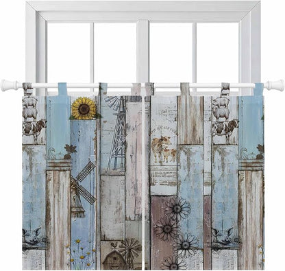 Blue Grey Wooden Kitchen Curtains 45 Inch Length, Short Cafe Window Curtains by Unknown