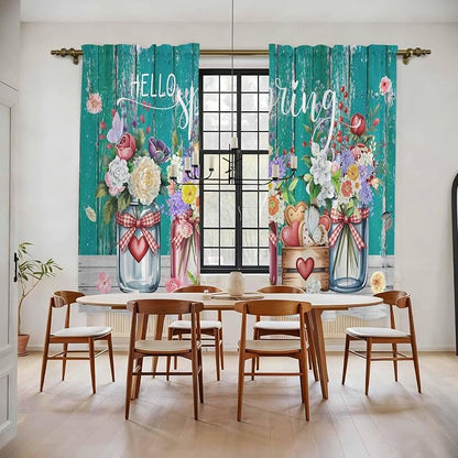 Spring Flowers Kitchen Curtains, Farmhouse Watercolor Teal Wood Grain Light - Image 2