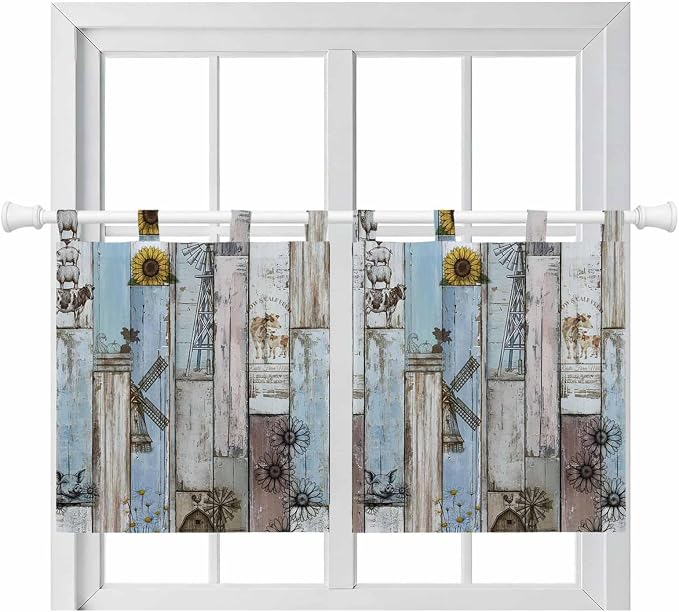 Blue Grey Wooden Kitchen Curtains 36 Inch Length, Small Window Curtains Tab Top by Unknown