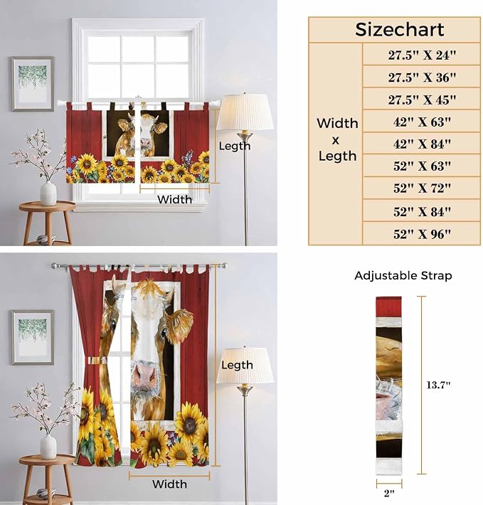 Cows Sunflowers Kitchen Curtains 24 Inch Length, Small Window Curtains Tab Top - Image 8