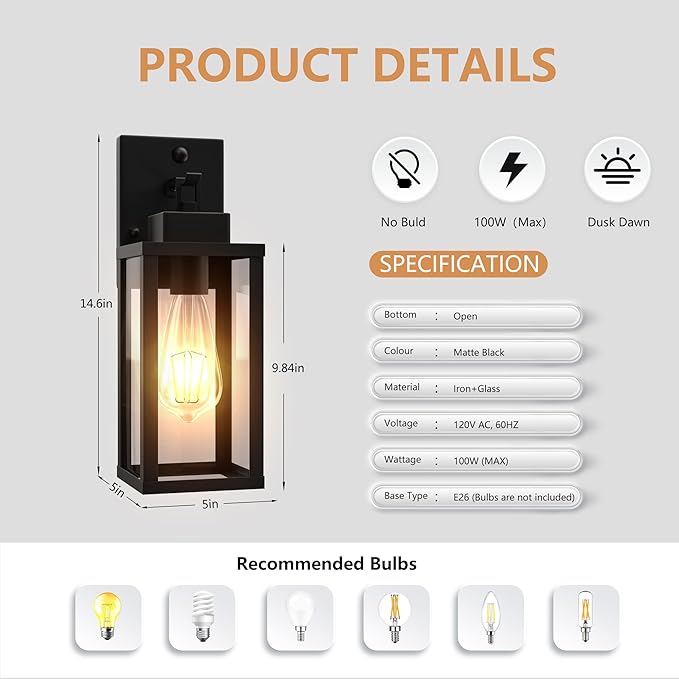 Kainozoic Motion Sensor Dawn to Dusk Outdoor Sensor Light Fixture Anti-Rust Exterior Wall Lighting Waterproof Outdoor Wall Lantern for Porch Patio Front Door Garage - 2 Pack