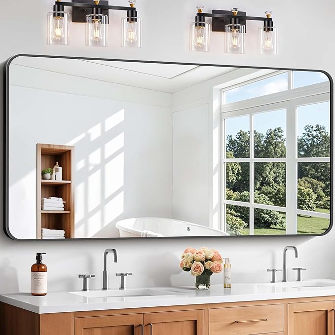 Bathroom Mirror, 60 x 30 inch Black Rectangle Wall Mirror, Metal Frame Rounded Corner Vanity Mirror, Large Wall Mounted Mirrors for Over Sink Bedroom Living Room Horizontal Or Vertical Mounting