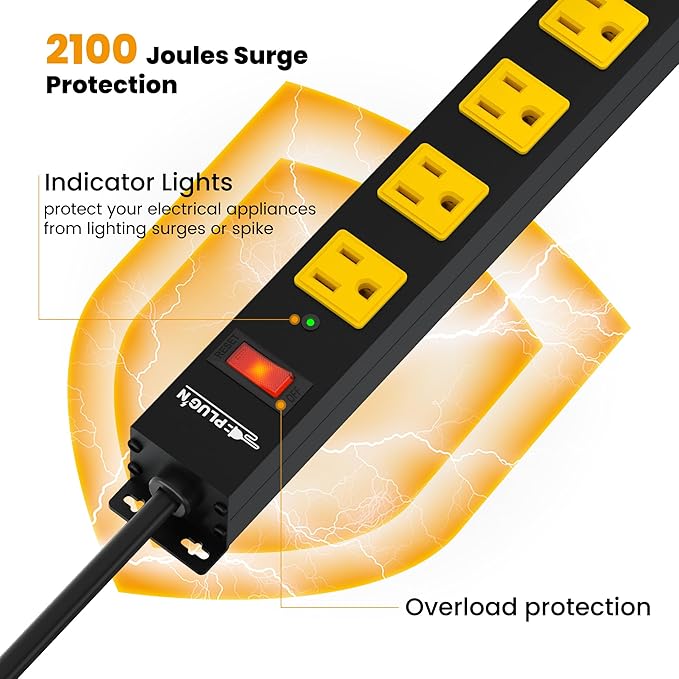12 Outlet Long Power Strip, 2100 Joules Surge Protector, 6FT Power Cord, Wide Spaced Outlet Power Bar, Overload Protection Switch, Industrial Heavy Duty for Work Bench, Shop, Garage…
