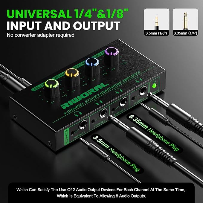 Riworal 4 Channels Headphone Amplifier with 3.5mm/6.35mm/ TRS Jack Input for Dj Mixer Amps Splitter with 8 Output Ports Separate Volume Control Output for Speaker Or Monitor Headphone
