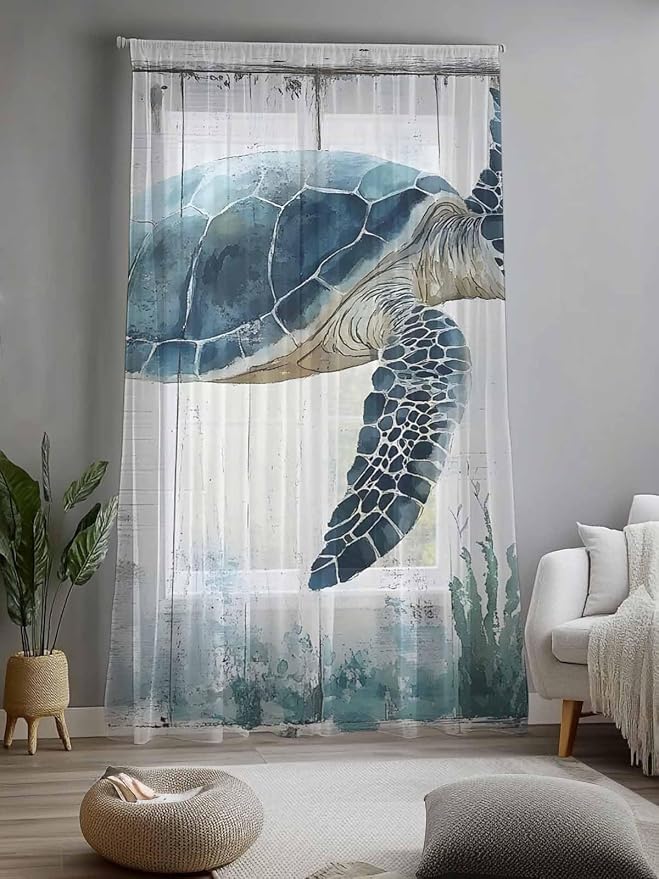 Sheer Curtains 84 Inches Long, Sea Turtle Teal Blue Semi Sheer Curtains Light - Image 2