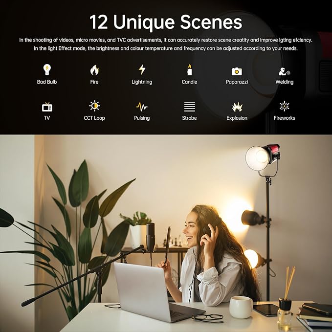 GVM Photography Lighting 300W Bi-Color Studio Lights with 45°Standard Reflector 65700Lux@1m CCT 2700~6800K 12Lighting Scenes App Control LED Video Light