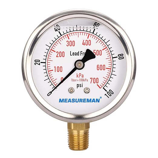 MEASUREMAN Lead-Free Pressure Gauge, 2-1/2inch Dial, Glycerin Filled, by MEASUREMAN