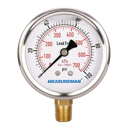 MEASUREMAN Lead-Free Pressure Gauge, 2-1/2inch Dial, Glycerin Filled, by MEASUREMAN