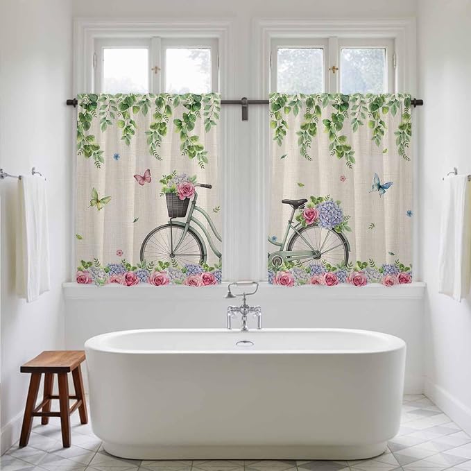 Farmhouse Spring Tier Curtains, Retro Bicycles Flowers Vines Butterfly Light - Image 5