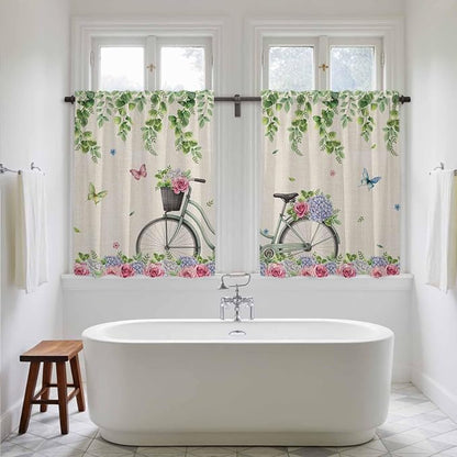 Farmhouse Spring Kitchen Curtains, Retro Bicycles Flowers Vines Butterfly Light - Image 5