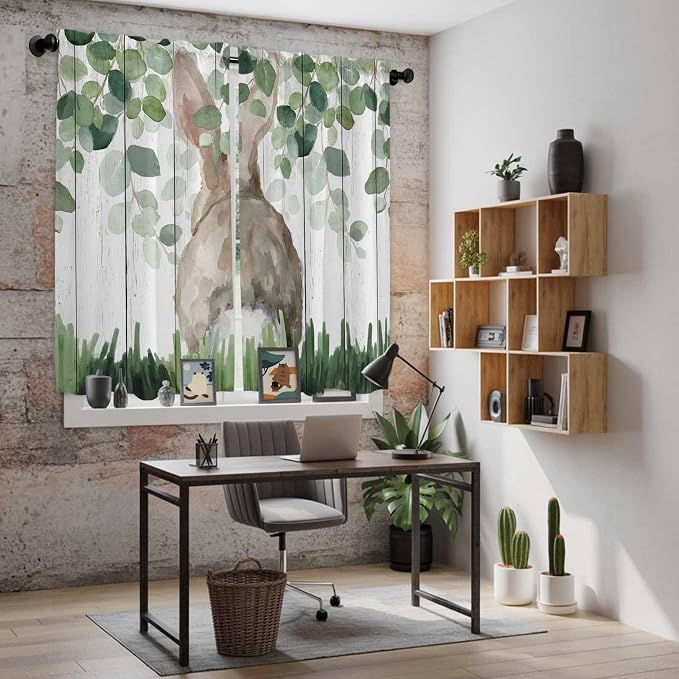 Easter Kitchen Curtains, Country Rabbit Botanical Leaves Wooden Grain Light - Image 6