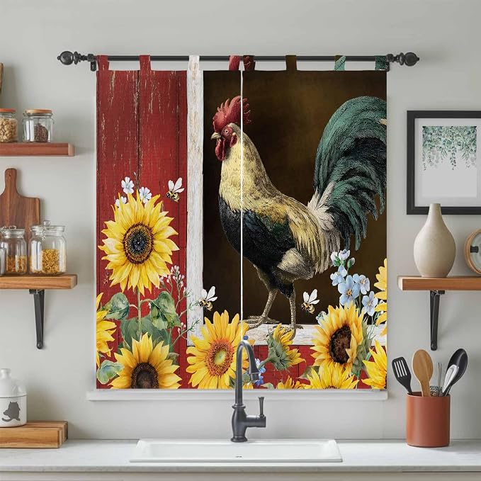Chicken Sunflowers Bathroom Curtains 63 Inch Length, Window Curtains Tab Top - Image 3