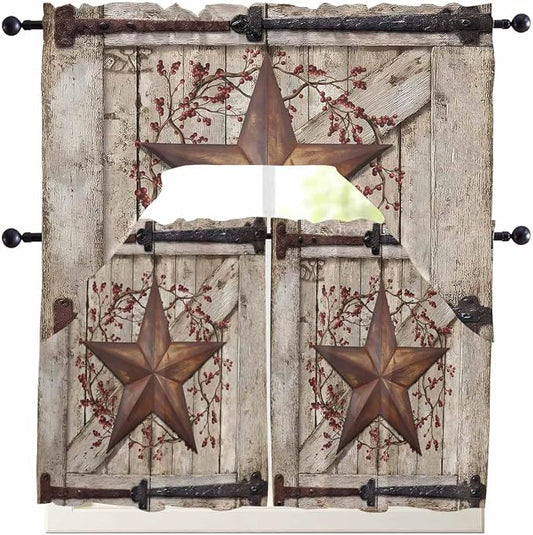 Country Star Swag Kitchen Curtains Valance and Tier Set, VintageRust Yellow by Unknown