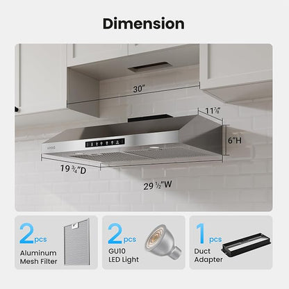 30 Inch Under Cabinet Range Hood, 900CFM Fast Venting Ducted, Kitchen Hood - Image 9