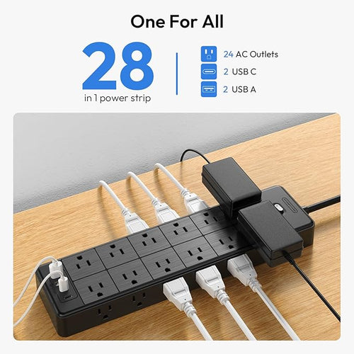 24 Widely Outlets Extension Cord 25 Ft NTONPOWER Long Extension Cord Surge Protector with 4 USB Ports(2 USB C),15A/1875W Power Strips with Surge Protection 4000J, Wall Mount Holes for Home, Office