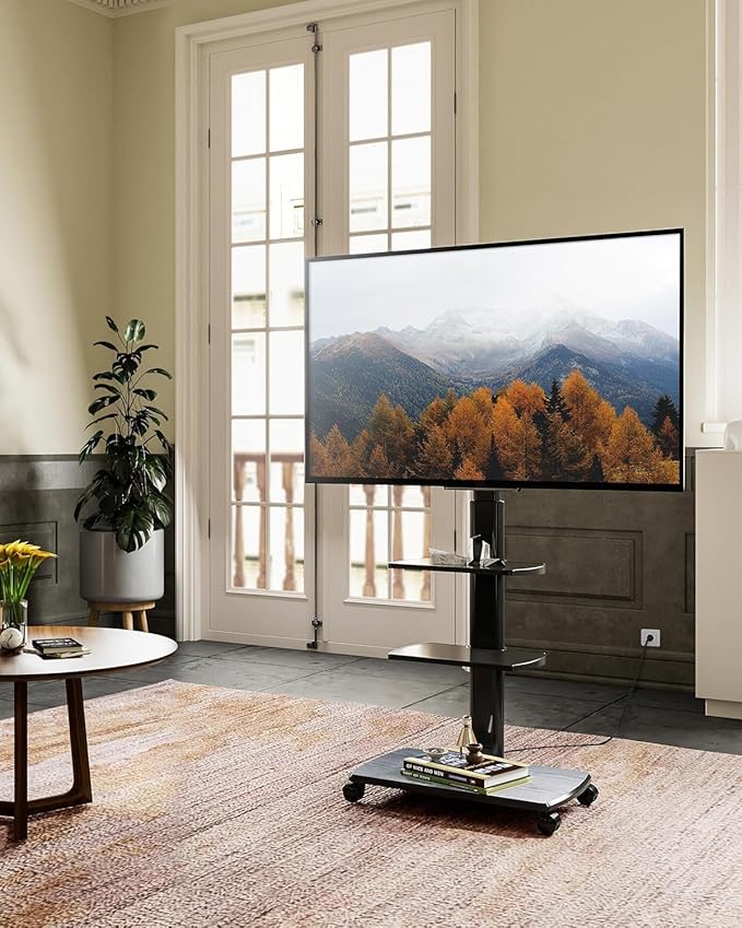 FITUEYES Rolling TV Stand with Power Outlets, Swivel Portable TV Stand for 32-70 Inch LCD LED OLED Flat/Curved Panel Screen TVs, Height Adjustable&Wood Base, Mobile TV Cart with 2 Shelves, Black