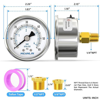MEANLIN MEASURE 0~60Psi Dry Pressure Gauge Stainless Steel 1/4"NPT 2"FACE DIAL - Image 2