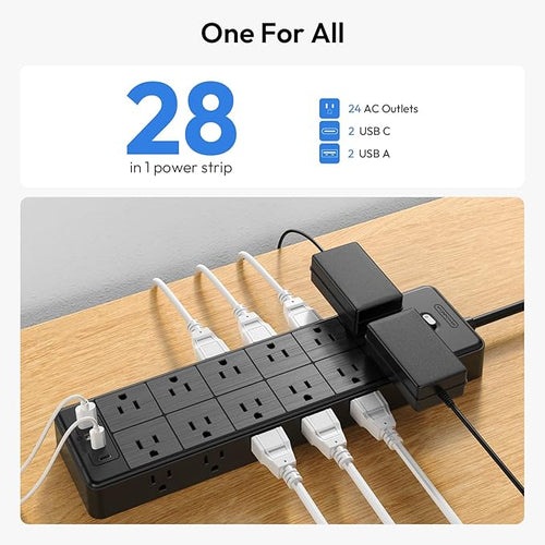 24 Widely Outlets Extension Cord 10 Ft NTONPOWER 15A/1875W Power Strips with Surge Protection 4000J,Black Extension Cord Surge Protector with 4 USB Ports(2 USB C), Wall Mount Holes for Home, Office