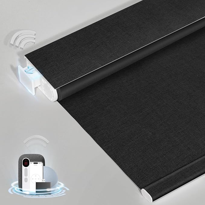 MANSNIX Smart Motorized Blinds with Remote, Cordless No-Drill Automatic Roller Shades, Blackout Electric Blind for Windows, Black, 35.5 x 72