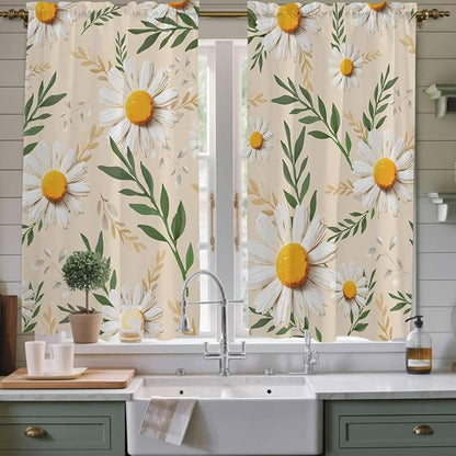 Spring Daisy Kitchen Curtains, Country Watercolor Flower Leaf Plant Light - Image 2