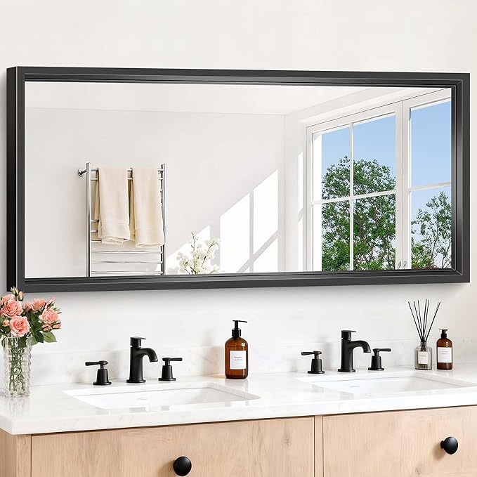 Black Bathroom Mirror, 28x60 Inch Large Rectangle Mirror, 0.6" Thickened Deep Frame Mirrors for Wall Over Sink, Shatterproof Tempered Glass, Brushed, Antirust, Horizontally or Vertically