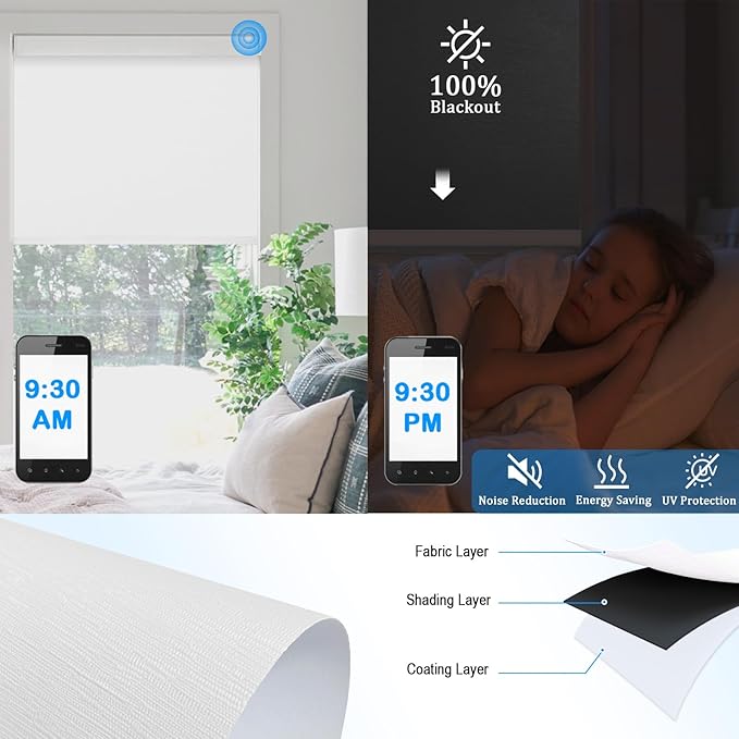 COOLWINDS Motorized Blinds with Remote Cordless Automatic Motorized Shades Custom Blinds for Windows Smart Curtains Compatible with Alexa Google Home(Blackout Jacquard White,W61 x H72in)