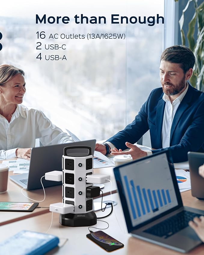 Power Strip Tower Surge Protector - JACKYLED 16 AC Outlets(13A) 6 USB Ports Electric Charging Station, 1050J Surge Electric Tower, 1625W Outlet Extender, 6.5ft Heavy Duty Extension Cord for Home