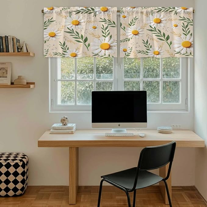Spring Daisy Tier Curtains, Country Watercolor Flower Leaf Plant Light - Image 6