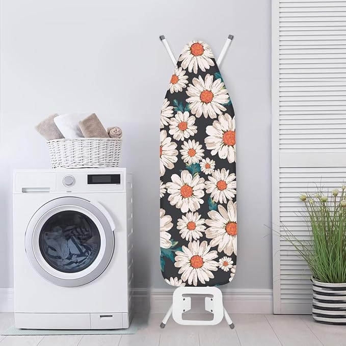 ZCFYGDX Breathable Ironing Board Cover,Resist Scorch Polyester & Staining,Wear & Soil Resistant Covers, Easy Installation 3 Fasteners,Elastic Edges (15 x 54 inch) Oil Painting White Daisy Print