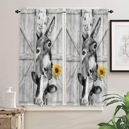 Grey Farmhouse Bedroom Curtains 63 Inches Length, Vintage Sunflowers Animals - Image 2