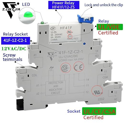 (10Pcs) 12V Relay Din Rail; Silm Relay 12V DC/AC 6Amp 5Pin 1NO 1NC SPDT with LED Indicator, Socket, Jumper DIN Rail Mount 12 Volt UL Listed