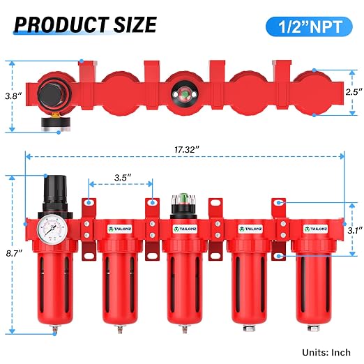 TAILONZ PNEUMATIC 0-150PSI 1/2 Inch NPT Red Industrial Grade 5 Stage Air Drying - Image 2