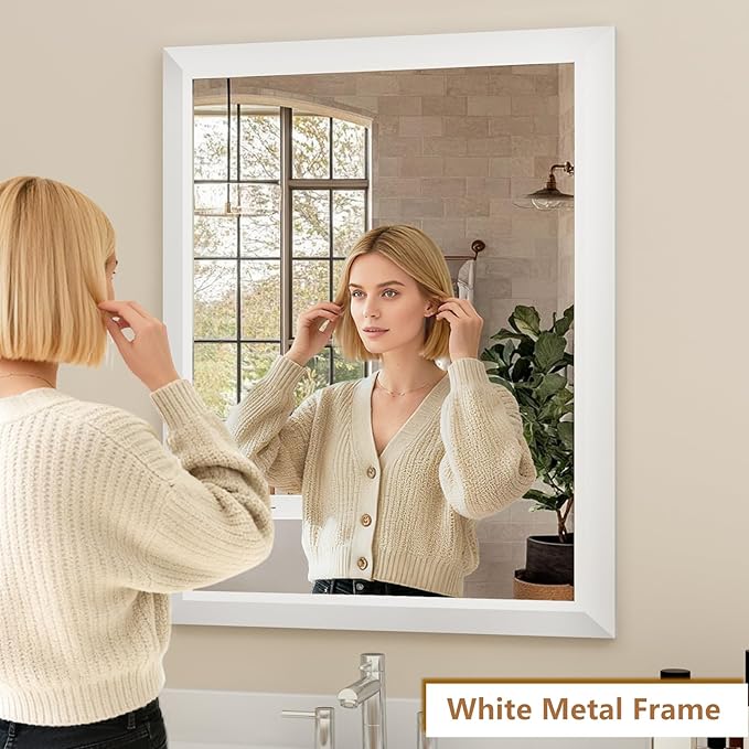 SMIROR Matte White Bathroom Mirror for Over Sink, 24”x 36” Metal Thick Framed Rectangle Vanity Mirror for Wall, Right Angle Corner, Anti-Rust, Horizontally or Vertically Mounted
