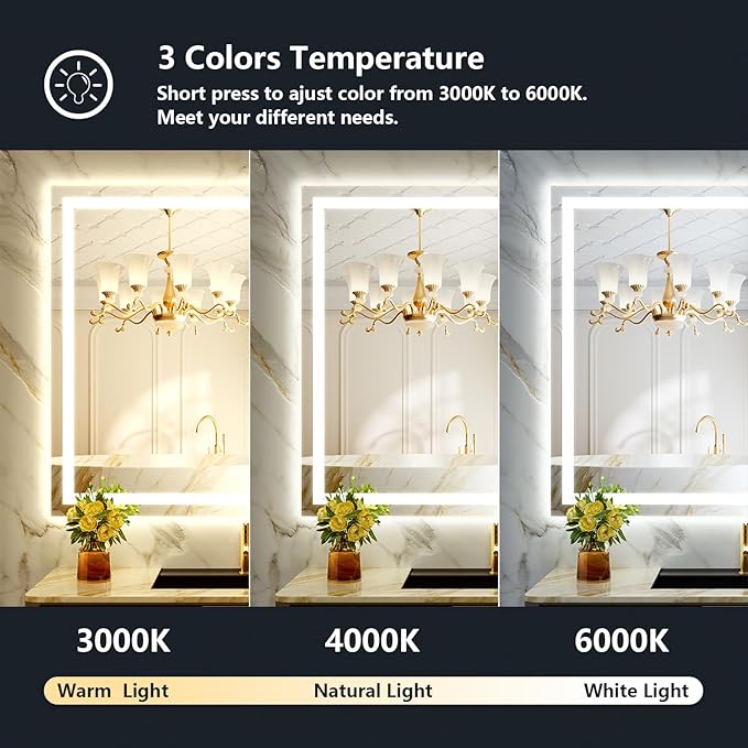 YEELAIT 51x40 Inch LED Bathroom Mirror with Lights Front and Backlit Lighted Vanity Mirror for Bathroom Wall with 3 Colors Dimmable Anti-Fog Memory Shatter-Proof IP54 Waterproof Horizontal/Vertical