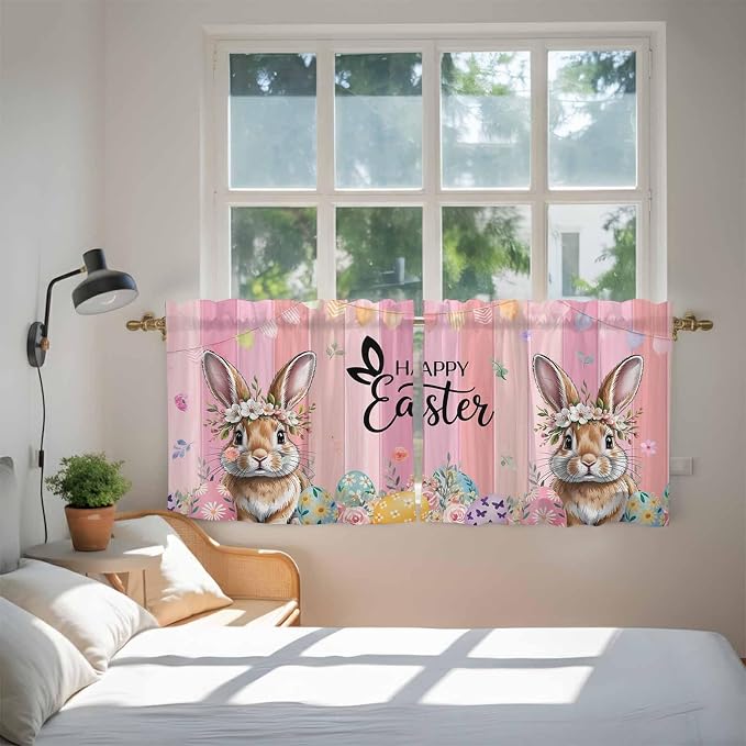 Easter Tier Curtains, Spring Rabbit Eggs Flowers Flags Leaves Wood Grain Light - Image 4