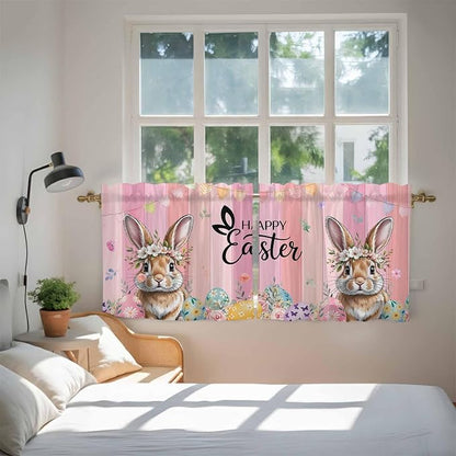 Easter Tier Curtains, Spring Rabbit Eggs Flowers Flags Leaves Wood Grain Light - Image 4