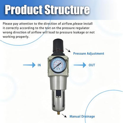 HengMinLingTong 1" NPT Compressed Air Filter Regulator Combo Piggyback - Image 3