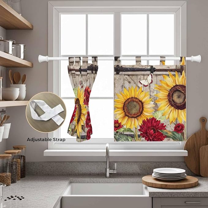 Sunflowers Kitchen Curtains 36 Inch Length, Small Window Curtains Tab Top - Image 5