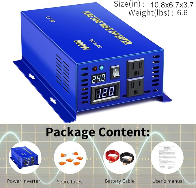 XYZ INVT 800 Watt Pure Sine Wave Inverter 24V DC to 110V 120V AC, 800W Power Invert Surge 1600W Power Converter for Solar System. (800W 24V 120V)